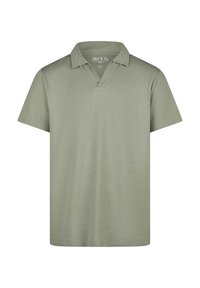 Olivově zelená polo košile krátký rukáv, bavlněný materiál, design s véčkovým výstřihem, běžný střih, hladká textura, bez vzorů nebo zdobení.