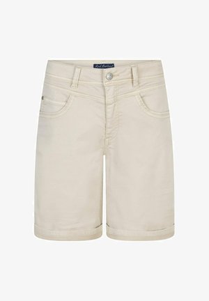 Beige knee-length shorts with front button, zipper, belt loops, and two front pockets with small coin pocket.
