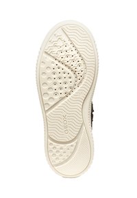 Die weiße Gummisohle verfügt über texturierte Muster mit Rillen und Perforationen sowie das geprägte GEox-Logo. Sie wurde für Atmungsaktivität und Traktion entwickelt.