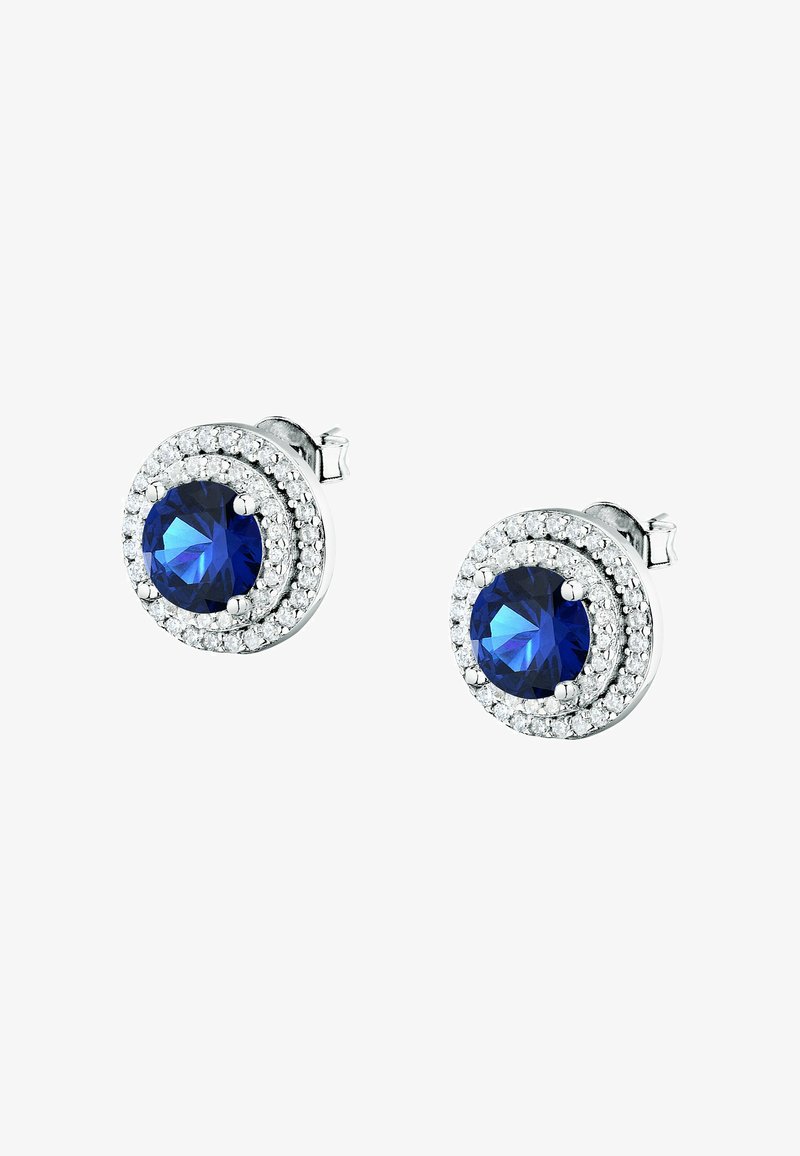 Runde Steckerohrringe mit einem zentralen blauen Edelstein, umgeben von einem Kreis kleiner klarer Steine, gefasst in silberfarbenem Metall.