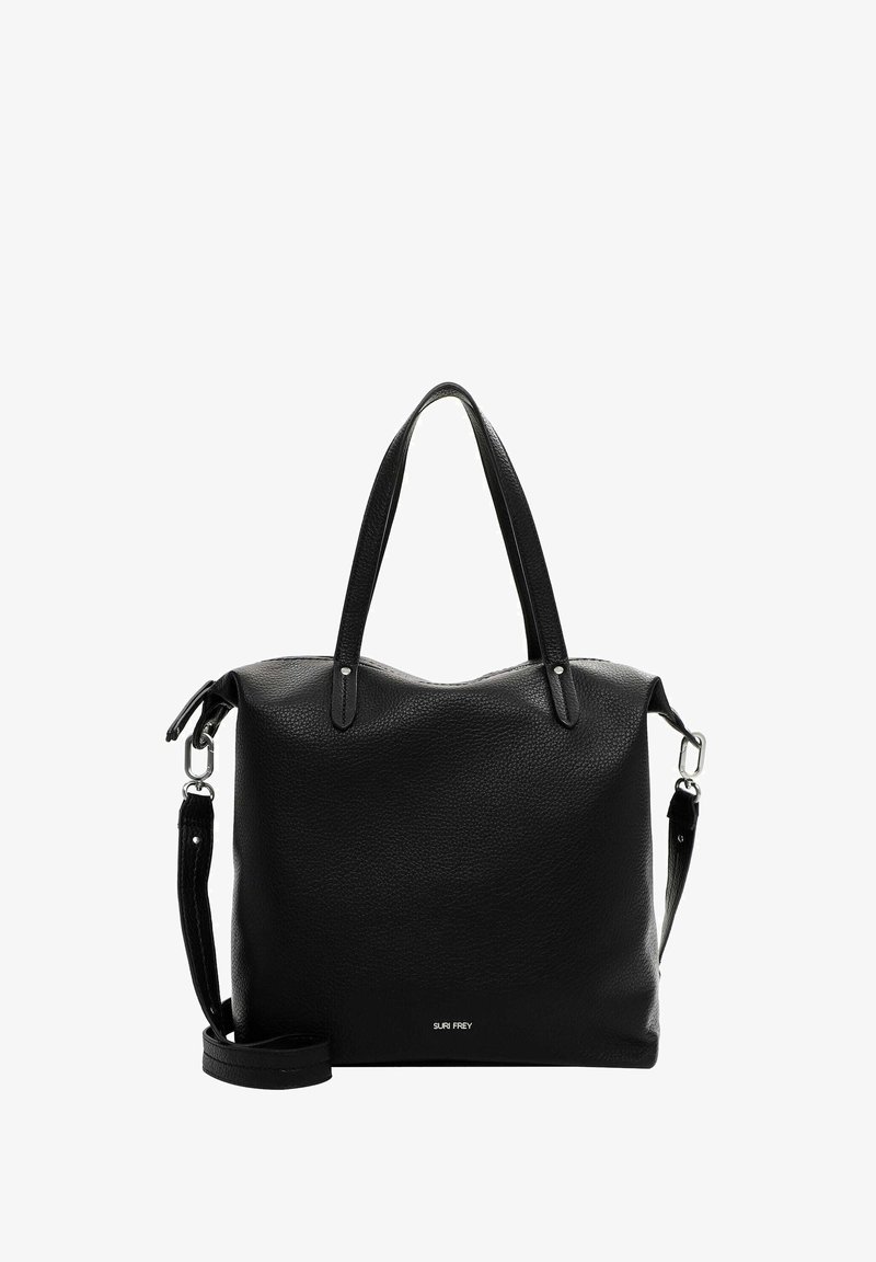 Sac fourre-tout en cuir noir avec un extérieur texturé, des poignées courtes et une bandoulière amovible. Équipé de quincaillerie argentée et d'un détail de logo.