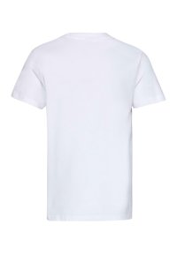 Hvit kortermet t-skjorte med rund hals, glatt bomullstekstur og et enkelt, ensfarget design uten synlige logoer eller mønstre.