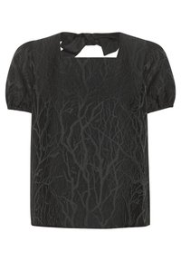 Blouse noire à manches courtes avec motif texturé de branches d'arbre, encolure carrée et détail de nœud à l'avant.