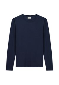 Langärmliges T-Shirt in Marineblau aus weicher Baumwolle, mit rundem Ausschnitt und minimalistisches Logo auf der Brust. Glatte Textur, ohne Muster.