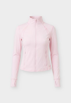 Γυναικείο ανοιχτό ροζ μπουφάν με φερμουάρ, μακριά μανίκια, ψηλό γιακά, άνοιγματα για τους αντίχειρες και πλαϊνές τσεπες με φερμουάρ.