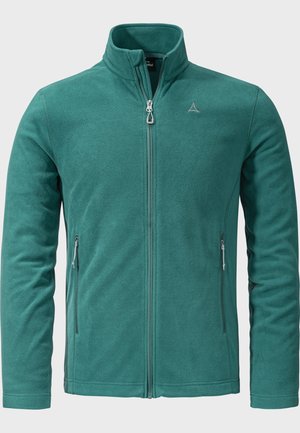 Teal fleece jacket with a high collar, full front zipper, and two zippered side pockets. Features a logo on the left chest.