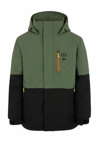 Veste d'hiver verte et noire avec une poche poitrine zippée, accents néon orange et vert, et une capuche. Fabriquée en tissu lisse et imperméable.