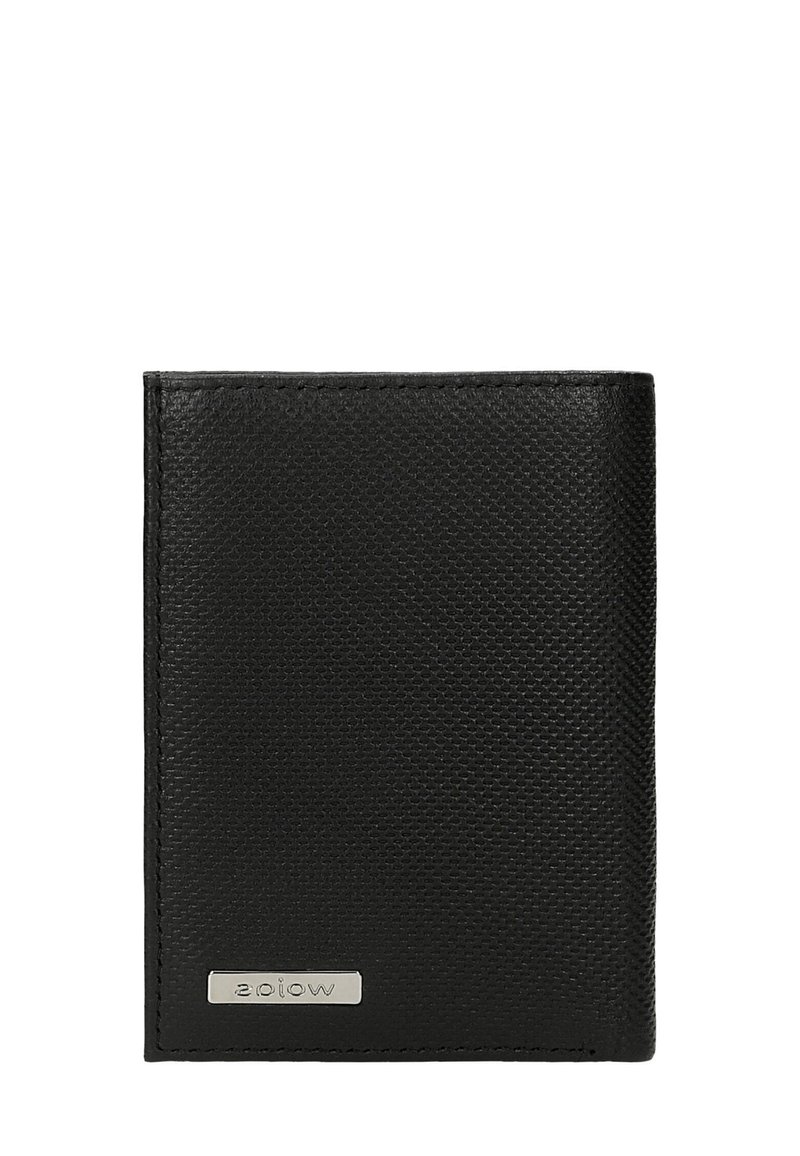 Portafoglio in pelle nera con superficie testurizzata, caratterizzato da una placca del marchio argentata e un design elegante. Forma rettangolare compatta, senza chiusure visibili.