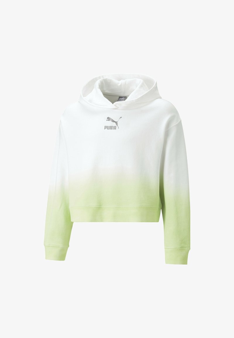 Sweat à capuche court en coton, avec un dégradé de blanc à vert clair, une poche kangourou et un logo PUMA sur la poitrine.