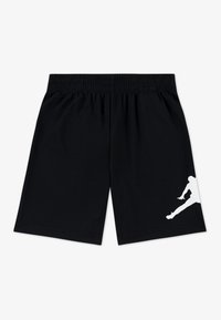 Schwarze Sportshorts aus Mesh-Stoff mit elastischem Bund und einem weißen Silhouettenlogo auf der unteren rechten Seite.
