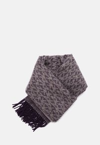 Écharpe à motifs violets et gris avec des franges, fabriquée en tissu doux, présentant un design géométrique sur l'ensemble.