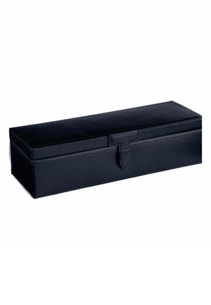 Black leather rectangular box with a smooth texture, featuring a secure closure flap. Minimalist design with subtle stitching details.