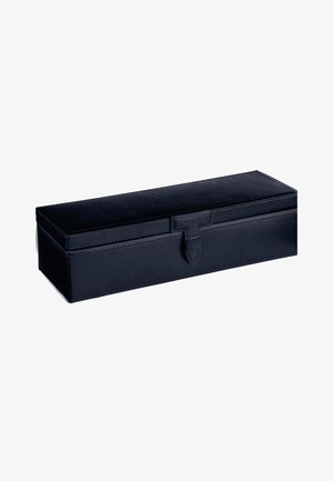 Black leather rectangular box with a smooth texture, featuring a secure closure flap. Minimalist design with subtle stitching details.