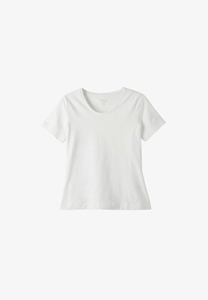 Biała koszulka z krótkim rękawem i okrągłym dekoltem, wykonana z miękkiego materiału, o gładkiej fakturze i klasycznym dopasowanym kroju.
