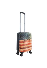 Hard-shell suitcase with a vintage American flag design. Features a black frame, retractable handle, and four swivel wheels for easy maneuvering.