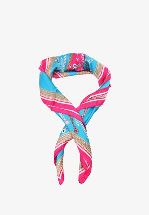 Foulard di seta con base turchese, strisce rosa e un motivo a catena. Texture liscia, legato a forma di nodo, colori vivaci.