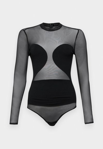 Černý body s dlouhými průsvitnými rukávy, vysokým límcem a přiléhavým střihem. Materiál je hladký a na přední straně obsahuje srdíčkové výřezy.