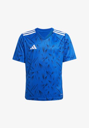 Maillot de sport bleu à manches courtes et col rond, avec un design texturé sur les manches et un short assorti.