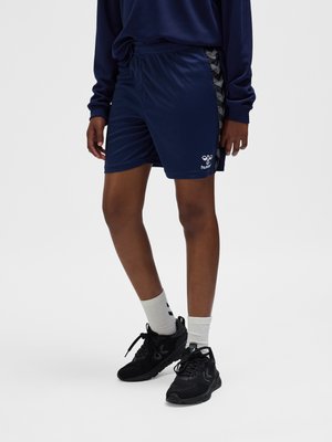 Person iført marineblå træningsshorts med et sidechevronmønster, sorte sneakers, hvide sokker og en navy langærmet top.