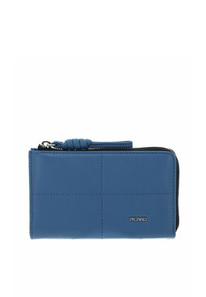 Blue leather wallet with a zipper closure, featuring quilted texture, a tab for grip, and a small metallic logo on the front.