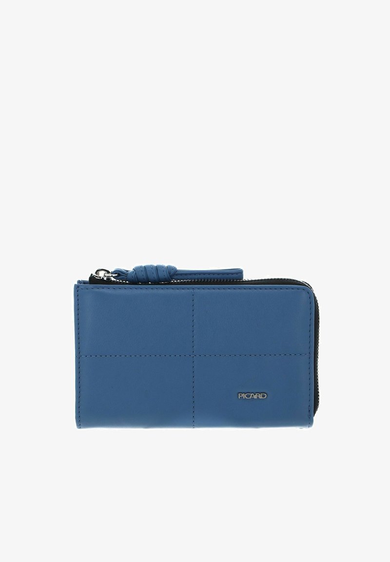 Blue leather wallet with a zipper closure, featuring quilted texture, a tab for grip, and a small metallic logo on the front.