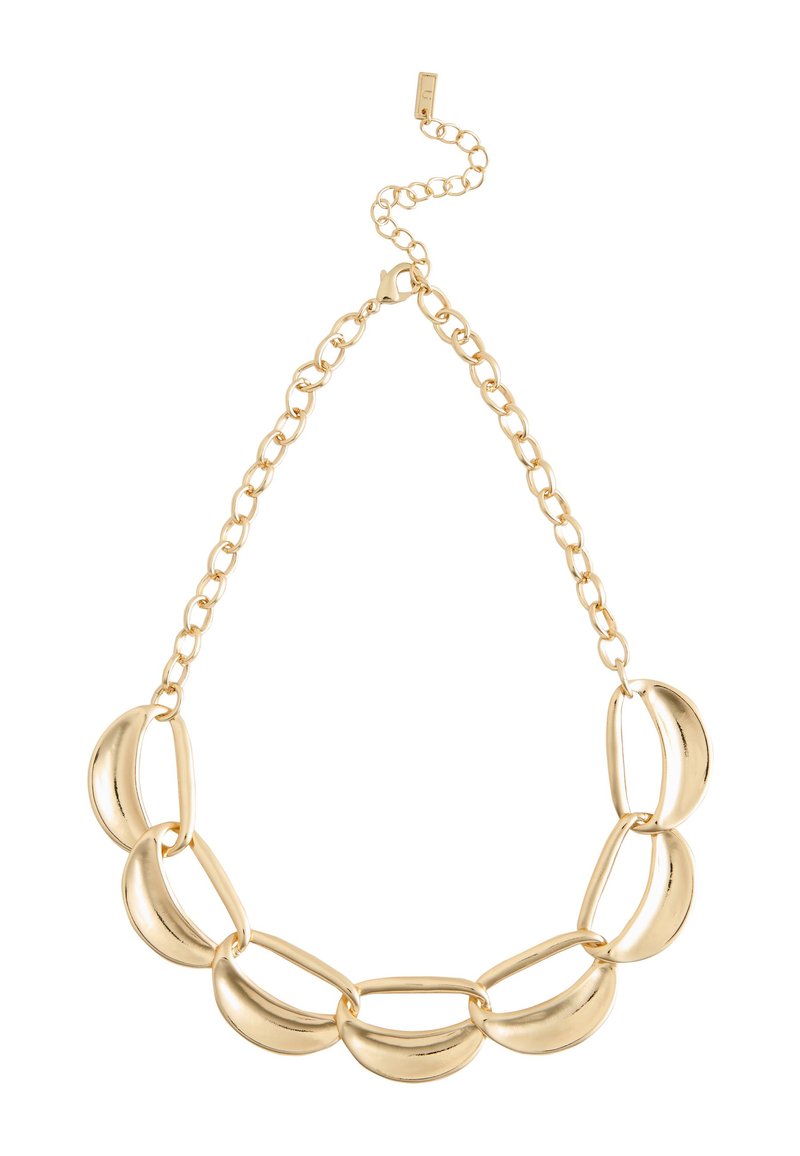 Gouden metalen ketting met langwerpige ovale schakels en gebogen halfcirkelvormige accenten, met een verstelbare sluiting aan de achterkant.