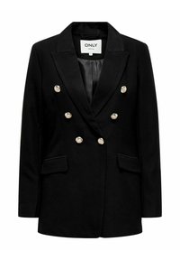 Czarna dwurzędowa marynarka wykonana z miękkiego materiału, z srebrnymi guzikami, dwoma przednimi kieszeniami oraz klasycznym kołnierzem typu klapy.