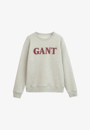 Grijze sweatshirt met geribbelde ronde hals, lange mouwen en geborduurd "GANT" logo in bordeaux rood op de voorkant. Zachte stofstructuur.
