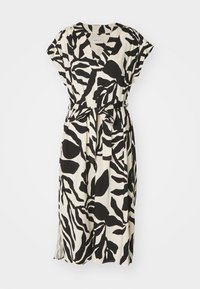 Robe midi abstraite à imprimé feuilles en noir et blanc avec des manches courtes, un col en V et une ceinture nouée à la taille.