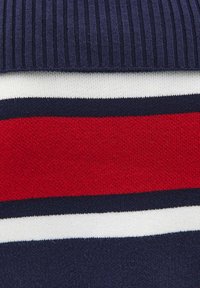 Granatowy sweter z prążkowanym kołnierzem, poziomymi paskami w kolorze czerwonym, białym i granatowym, o miękkiej fakturze i klasycznym sportowym designie.