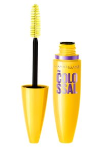Gul mascara-rör med ett lock i metall och en tjock, texturerad borste med livfulla gula borst, märkt "the COLOSSL." Volymhöjande design.