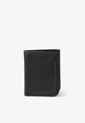 Portafoglio in pelle nera con finitura testurizzata, caratterizzato da cuciture bianche e logo in rilievo. Design pieghevole a bifold, forma compatta.