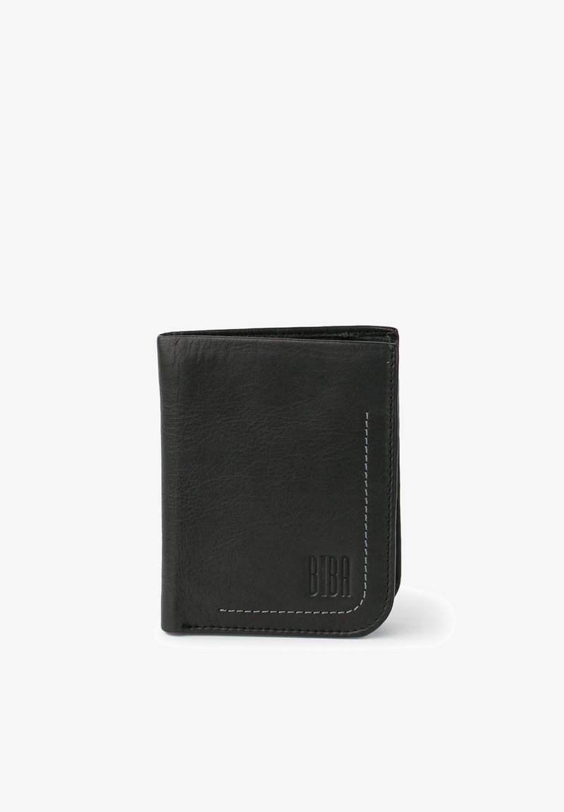 Zwarte leren portemonnee met een gestructureerde afwerking, voorzien van witte stiksels en een reliëflogo. Vouwbare bifold ontwerp, compact formaat.