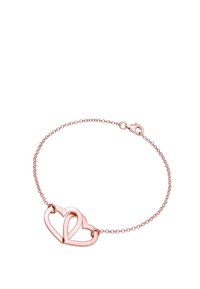 Bracelet en or rose avec deux coeurs entrelacés, une chaîne délicate et un fermoir à ressort. Texture lisse, design minimal.