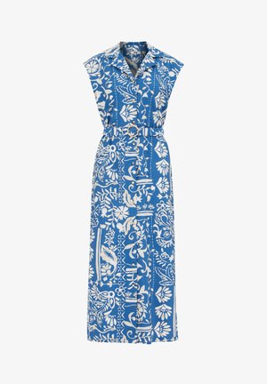 Mėlynas gėlių rašto suknelė su apykakle, be rankovių, su diržu liemyje ir apskritu sagtimi, ilga iki žemės.