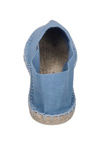 Light blue espadrille with canvas upper, jute sole, and stitched detailing along the edges. Open heel and closed toe design.