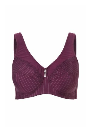 Vínová podprsenka s vertikálními proužky a květinovou krajkou. Má nastavitelné ramínka a ozdobný prvek uprostřed.