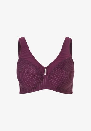 Bordeauxrode beha met verticale krijtstrepen en bloemenkantdetails. Heeft verstelbare bandjes en een decoratief accent in het midden.