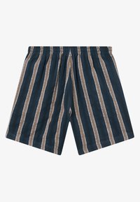 Short bleu marine avec des rayures verticales marron et blanches, taille élastique et tissu texturé.