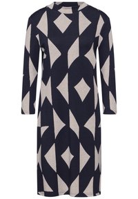 Robe à motifs bleu marine et beige avec des formes géométriques, manches longues et col rond, fabriquée dans un tissu doux et extensible.