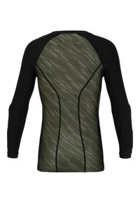 Langärmliges Sportshirt mit schwarzer Vorderseite und grün gemustertem Rücken mit strukturierten Linien, entworfen für die aktive Kleidung.