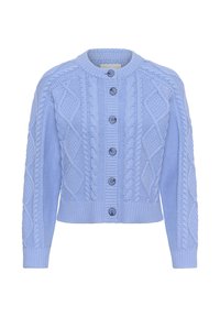 Cardigan bleu clair avec des motifs de tricot en relief, col rond et six boutons sur le devant. Manches et ourlet côtelés.