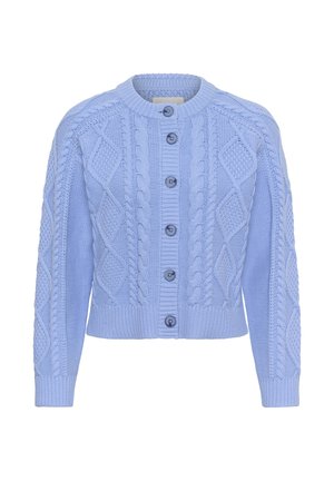 Cardigan bleu clair avec des motifs de tricot en relief, col rond et six boutons sur le devant. Manches et ourlet côtelés.