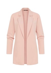 Lyserød blazer med lange ærmer, krave med hak og åben frontdesign. Fremstillet af blødt, strækbart stof med en glat tekstur.