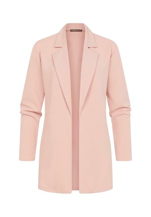 Lyserød blazer med lange ærmer, krave med hak og åben frontdesign. Fremstillet af blødt, strækbart stof med en glat tekstur.