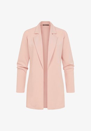 Lyserød blazer med lange ærmer, krave med hak og åben frontdesign. Fremstillet af blødt, strækbart stof med en glat tekstur.