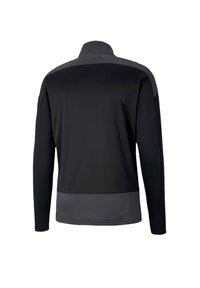 Zwarte pullover met lange mouwen en een faux-kraag. Het heeft een volledig zwarte bovenkant en een gestructureerde grijze ondersectie met een gladde afwerking.