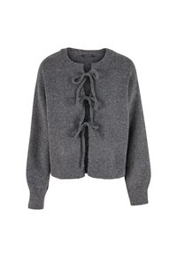 Grau gestrickte Strickjacke mit rundem Halsausschnitt, Schleifenverschluss an der Vorderseite und langen Ärmeln mit gerippten Bündchen. Weiche текстur überall.