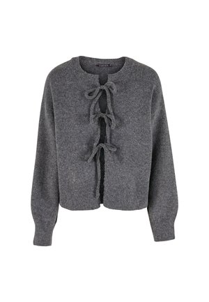 Grau gestrickte Strickjacke mit rundem Halsausschnitt, Schleifenverschluss an der Vorderseite und langen Ärmeln mit gerippten Bündchen. Weiche текстur überall.