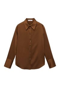 Brown long-sleeve shirt made of smooth fabric, featuring a pointed collar and a button-down front with matching buttons.